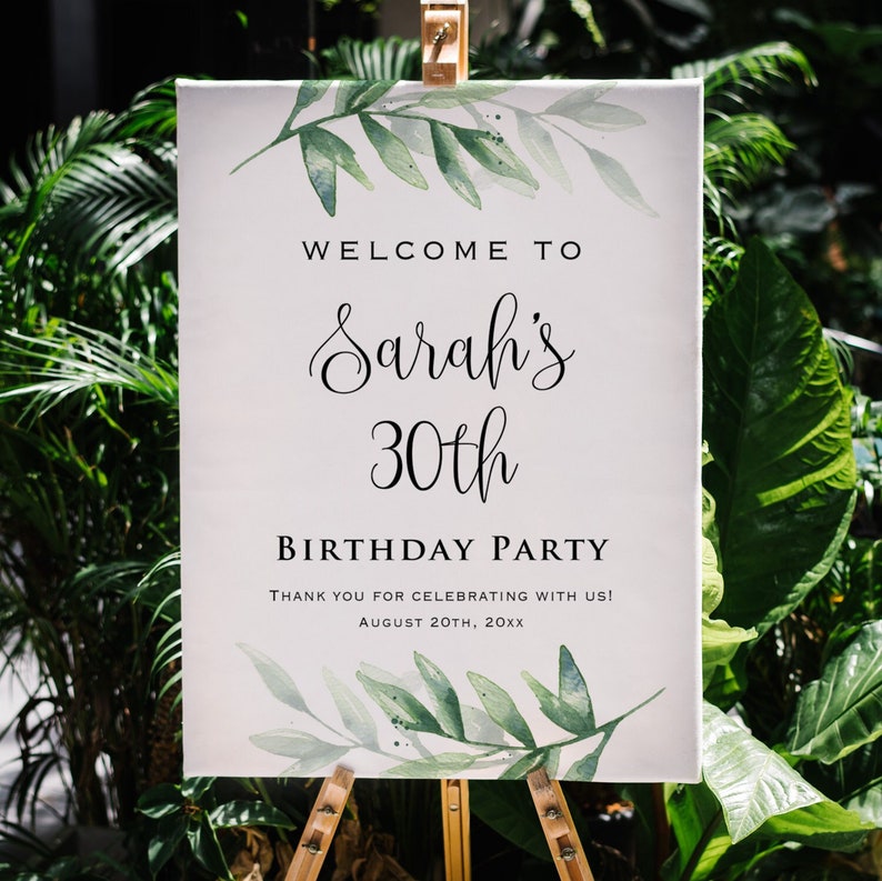 Printed Greenery Birthday Welcome Sign, Personalized Green Birthday Party Celebration Sign, Customized Poster Board Canvas Bild 2