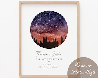 Custom Star Map with Trees, Personalized Forest/Beach Sky Map Canvas Wedding Anniversary Birthday Gift for Her Him