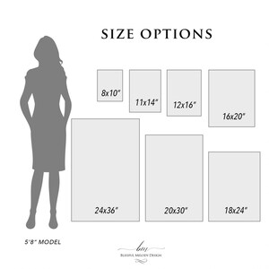 May include: A size chart for art prints, showing different sizes from 8x10 inches to 24x36 inches. A model is shown for scale.