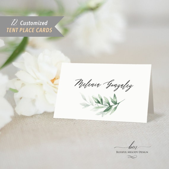 Pack of 12 Printed Greenery Leaf Tent Place Card, 2x3.5" Minimalist Green Watercolor Branch Folded Wedding Reserved Card Food Label #26 Il_570xn