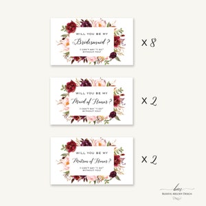 Will You Be My Bridesmaid Set of 12 Printed Waterproof MINI Champagne Bottle Labels, Burgundy Pink Floral Proposal Sticker01 image 2