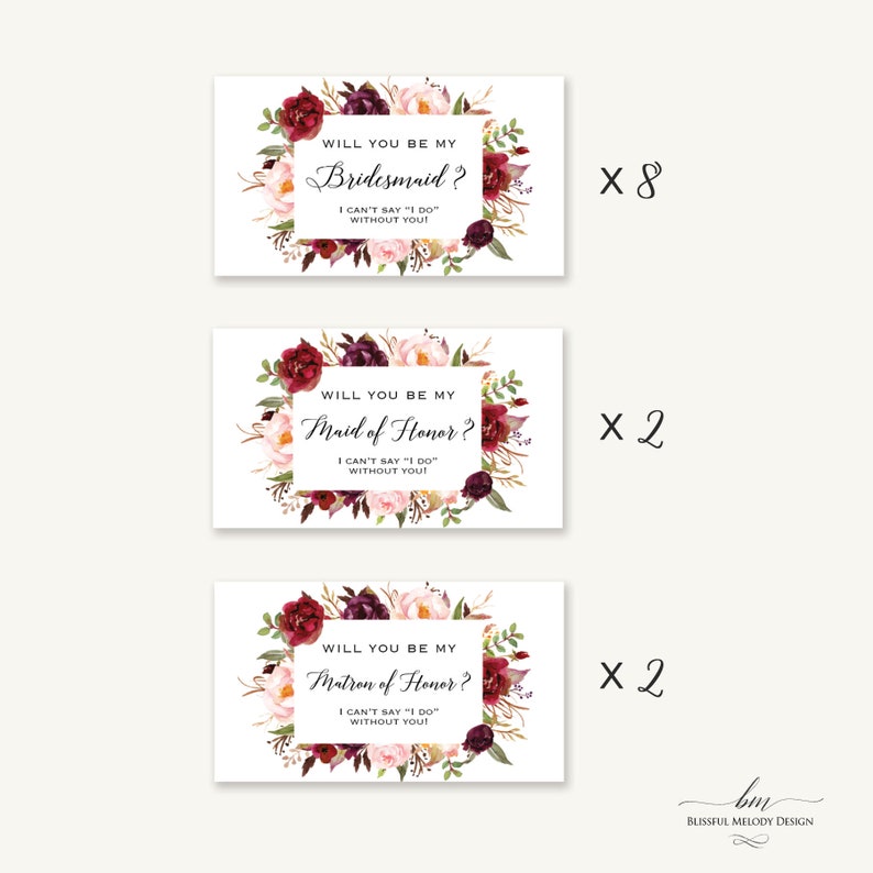 Will You Be My Bridesmaid Set of 12 Printed Waterproof MINI Champagne Bottle Labels, Burgundy Pink Floral Proposal Sticker01 image 2