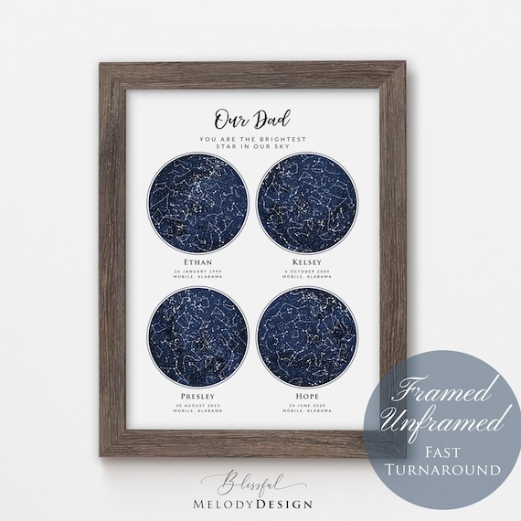 Custom 4 Star Sky Maps Print, Navy Zodiac Constellation Framed Print ...