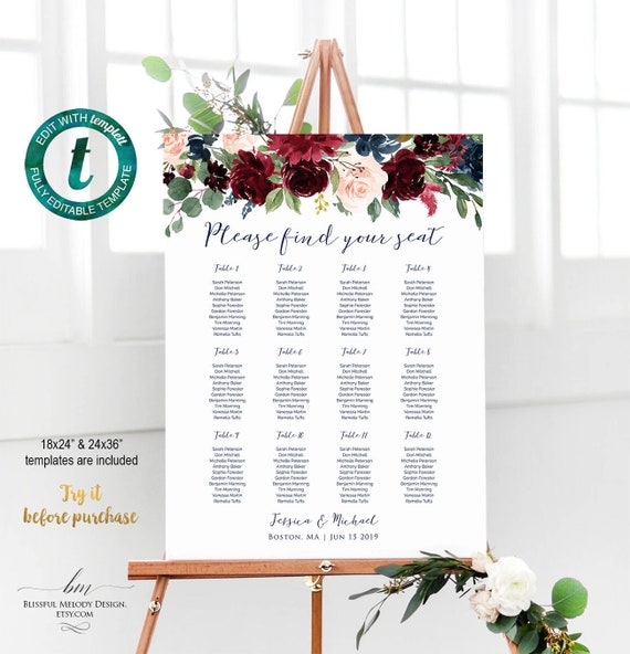 All Editable Burgundy Red Navy Floral Wedding Seating Chart ...