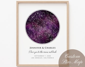 Custom Purple Star Map, Watercolor Galaxy Constellation Map, Personalized Wedding Anniversary Birthday Newborn Gift, Canvas Prints