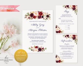 All Text Editable, Printable Burgundy Floral Wedding Invitation Set PDF Templates, Any font color language event, DIY Download #01#11#31