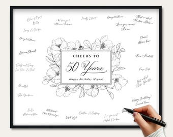 Custom Floral Sketch Birthday / Anniversary Guest Book, Cheers to 80th 70th 60th 50th 40th 30th and Any Years, Signing Poster Decoration