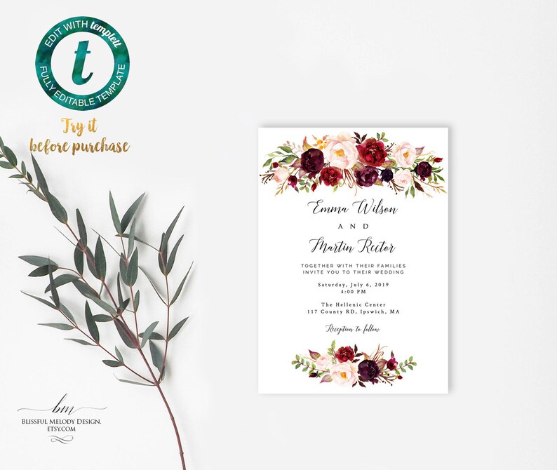 Printable Burgundy Pink Floral Wedding Invitation Set Etsy