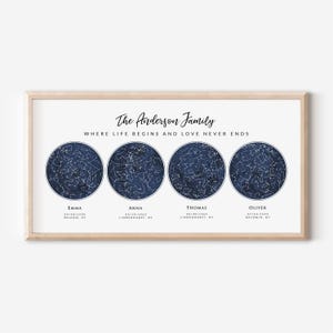 Custom 4 Sky Maps Print, Personalized Star Map, Zodiac Constellation Poster, Gift for Mom Dad Grandparent, 4 Children Family, Wrapped Canvas