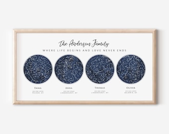 Custom 4 Sky Maps Print, Personalized Star Map, Zodiac Constellation Poster, Gift for Mom Dad Grandparent, 4 Children Family, Wrapped Canvas