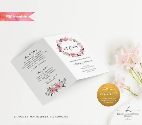 Printable Dusty Pink Floral Wedding Program Booklet Editable Bi