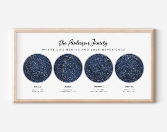 Custom 4 Sky Maps Print, Personalized Star Map, Zodiac Constellation Poster, Gift for Mom Dad Grandparent, 4 Children Family, Wrapped Canvas