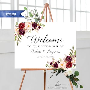 Printed Burgundy Pink Floral Wedding Welcome Sign, Personalized Horizontal Ceremony Welcome Board, PDF or Printed, Poster or Foam Board #01