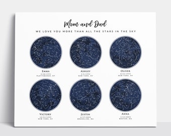 Custom Star Map for 6 Skies, Personalized Navy Constellation Sky Map, Gift for Mom Dad Grandparents Birthday Holiday, Wall Art Canvas Print