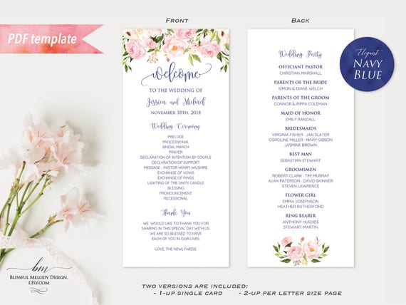 Printable Blush Pink Floral Double Sided Long Wedding Program