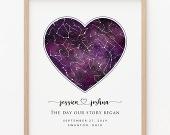 Digital File Fast Delivery, Custom Star Sky Map, Purple Watercolor Galaxy Zodiac Constellation, Wedding Anniversary Birthday Newborn Gift