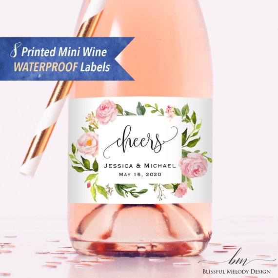 Printed Custom Waterproof Polyester Mini Champagne Bottle Labels, Personalized Blush Pink Floral Mini Label Sticker, Fast Shipping #05 Il_570xn