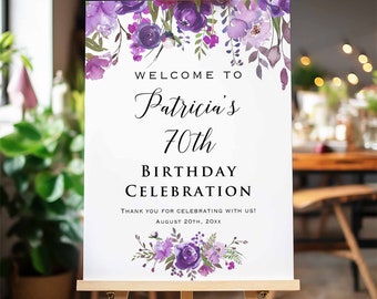 Printed Purple Lilac Floral Birthday Welcome Sign, Personalized Birthday Party Celebration Sign, Customized Poster Board Canvas