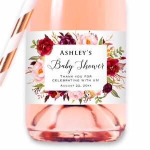 8 Printed Custom Burgundy Pink Floral Mini Champagne Wine Bottle Labels Waterproof Sticker, Wedding Bridal Baby Shower Birthday Anniversary Baby Shower