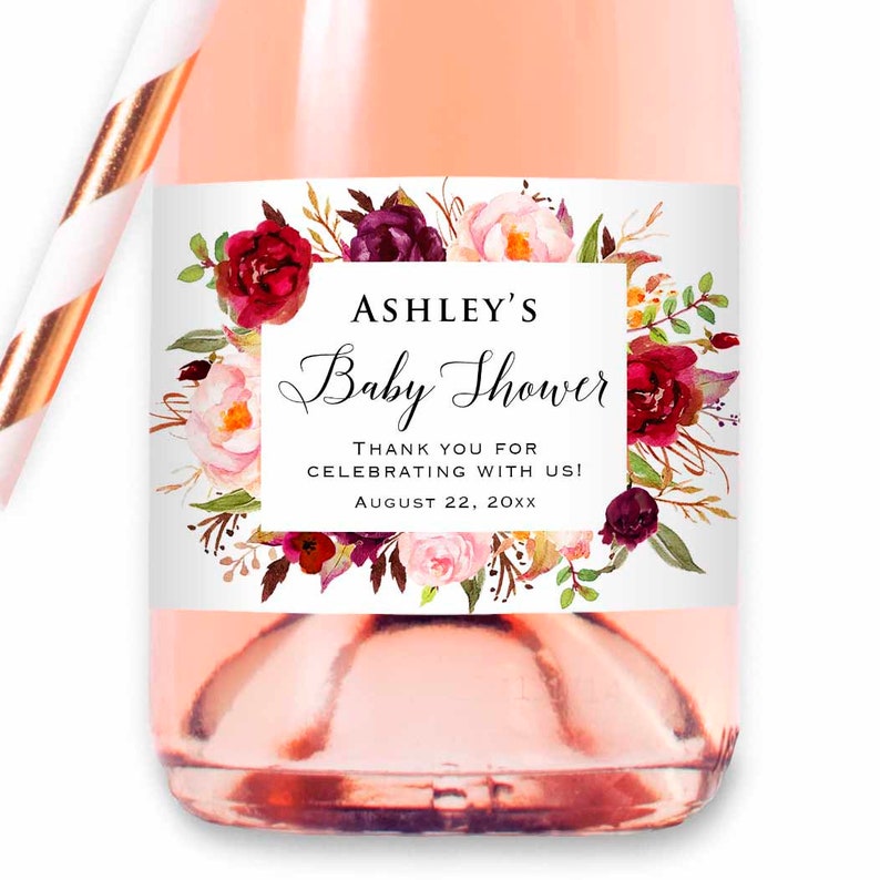 8 Printed Custom Burgundy Pink Floral Mini Champagne Wine Bottle Labels Waterproof Sticker, Wedding Bridal Baby Shower Birthday Anniversary Baby Shower