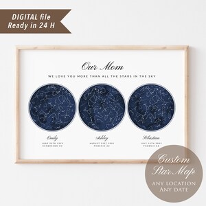 Fichier numérique - carte du ciel 3 étoiles personnalisée, constellation du zodiaque texture aquarelle bleu marine, cadeau pour les couples, cadeau d'anniversaire maman papa, famille de 3 enfants