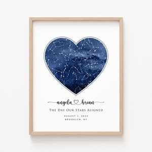 Custom Pink/Blue/Purple Watercolor Heart Star Map Print, Personalized Night Sky Constellation, Wedding Anniversary Valentine's day Gift Blue