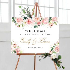 Letrero de bienvenida de boda floral horizontal personalizado en rosa y dorado, tablero de bienvenida impreso para cena de ensayo de baby shower nupcial, póster de lienzo de espuma