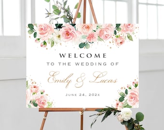 Custom Horizontal Pink Gold Floral Wedding Welcome Sign, Printed Bridal Baby Shower Rehearsal Dinner Welcome Board, Poster Foam Board Canvas
