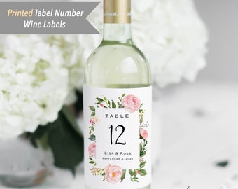 Printed Custom Table Number Wine Bottle Labels, Personalized Blush Pink Floral Waterproof Polyester Wine Label Sticker, Fast Shipping #05