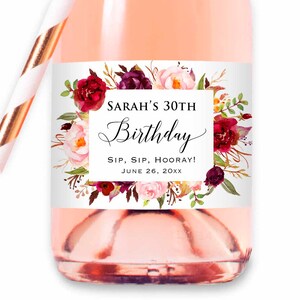 8 Printed Custom Burgundy Pink Floral Mini Champagne Wine Bottle Labels Waterproof Sticker, Wedding Bridal Baby Shower Birthday Anniversary Birthday