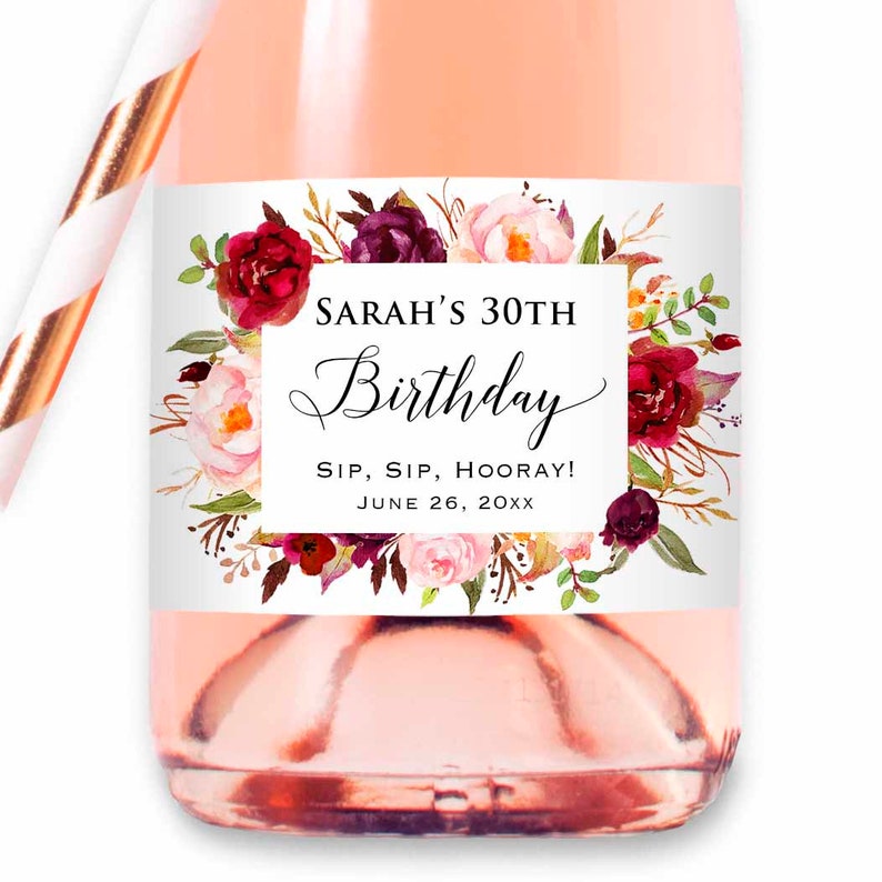8 Printed Custom Burgundy Pink Floral Mini Champagne Wine Bottle Labels Waterproof Sticker, Wedding Bridal Baby Shower Birthday Anniversary Birthday