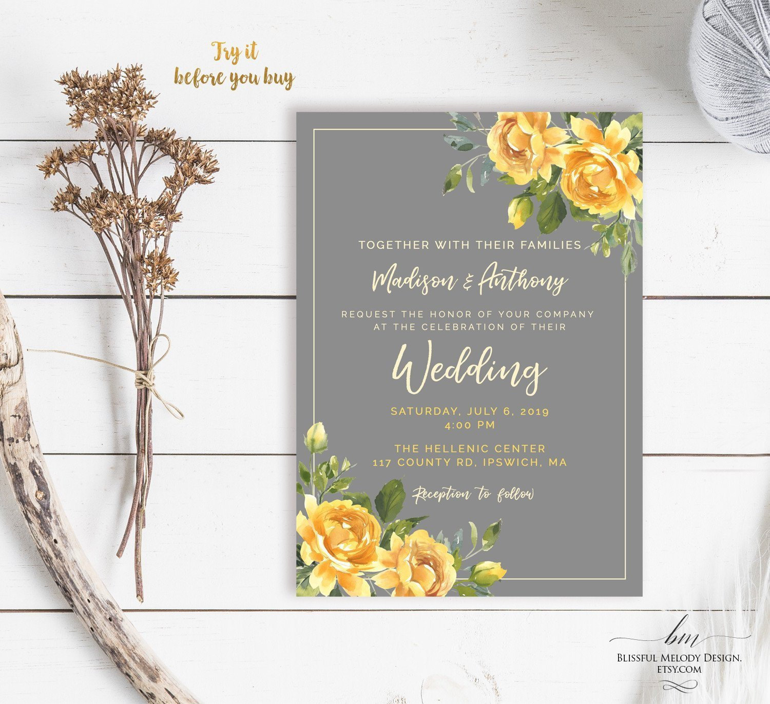 Printable Yellow Gray Wedding Invitation Template All Etsy