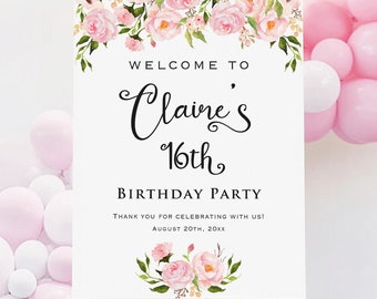 Printed Light Pink Floral Birthday Welcome Sign, Personalized Birthday Party Celebration Sign, Customized Poster Board Canvas