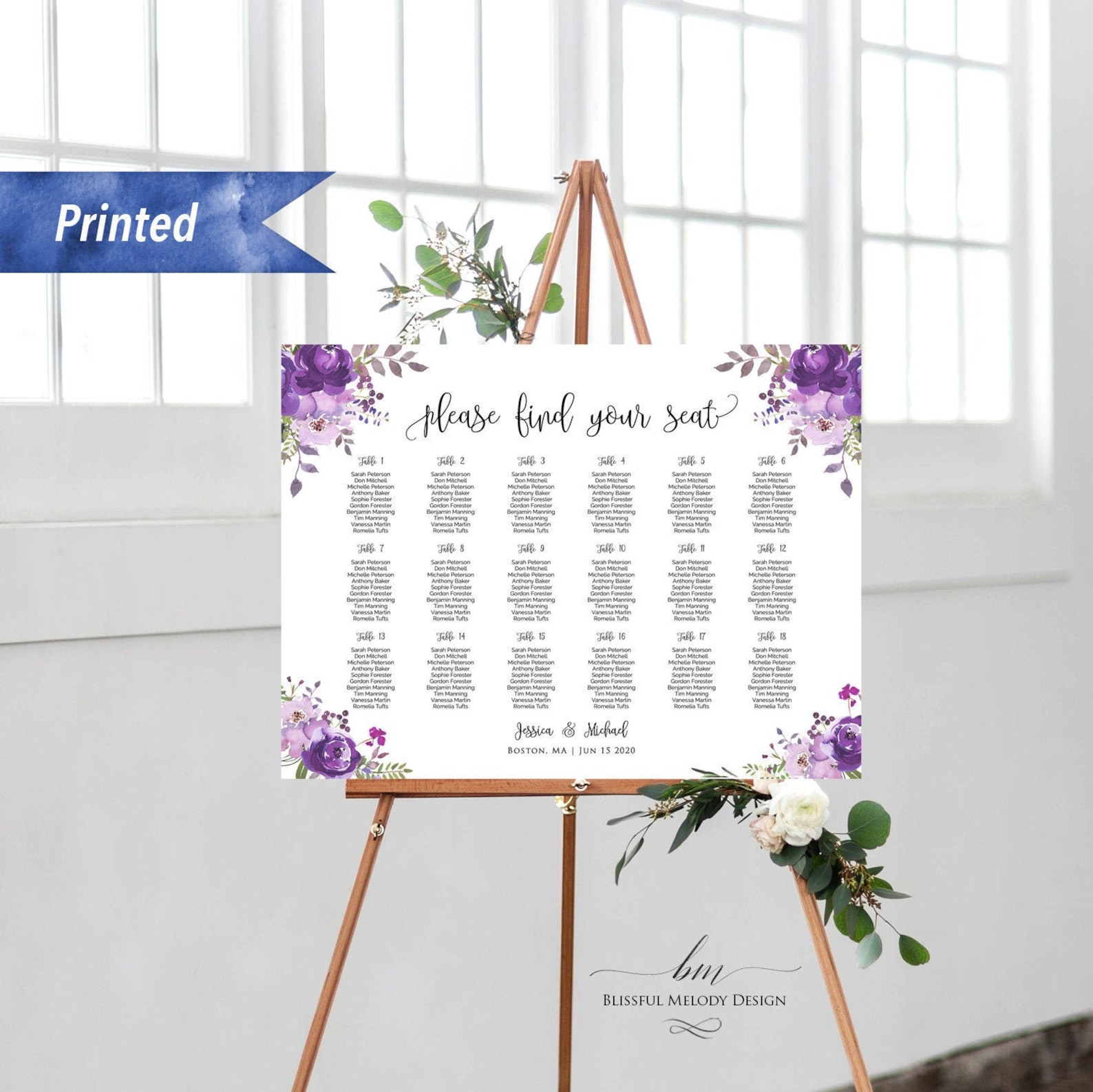 Purple-themed wedding reception supplies - purple floral seating chart