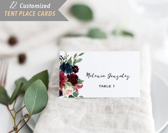 Pack of 12 Printed Navy Burgundy Floral Tent Place Card, 2x3.5" Folded Name Cards Individually Printed with Guest Names#22