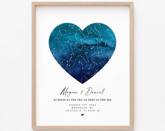 Custom Turquoise/Blue/Red/Purple Watercolor Heart Star Map Print, Personalized Night Sky Map, Wedding Anniversary Valentine's day Gift