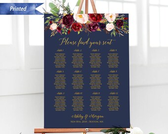 Printed Burgundy Floral Navy Gold Wedding Seating Chart Board, Personalized Ceremony Seating Plan, Large Customized Poster PDF or Printed#21