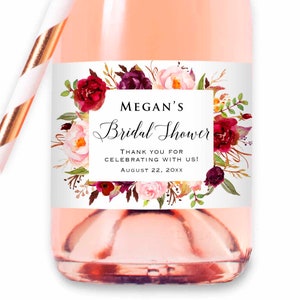 8 Printed Custom Burgundy Pink Floral Mini Champagne Wine Bottle Labels Waterproof Sticker, Wedding Bridal Baby Shower Birthday Anniversary Bridal Shower