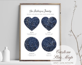 Custom 4 Sky Maps Print, Personalized Heart and Circle Star Map, Zodiac Constellation Poster, Gift for Mom Dad Grandparent, Wrapped Canvas