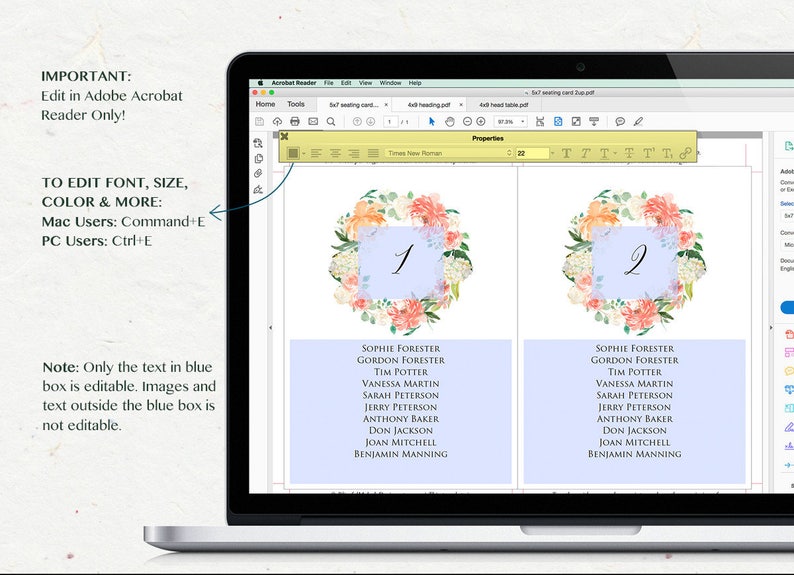 Rustic Seating Card Table Cards Editable PDF Seating Chart Template DIY Instant Download #02 Printable Peach Cream Floral Seating Plan