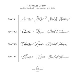 Op de afbeelding: Vier verschillende lettertypen voor de woorden "Cheers", "Love" en "Bridal Shower". De lettertypen zijn allemaal cursief en elegant.