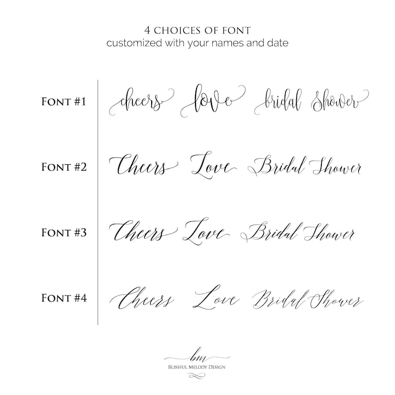 Op de afbeelding: Vier verschillende lettertypen voor de woorden "Cheers", "Love" en "Bridal Shower". De lettertypen zijn allemaal cursief en elegant.