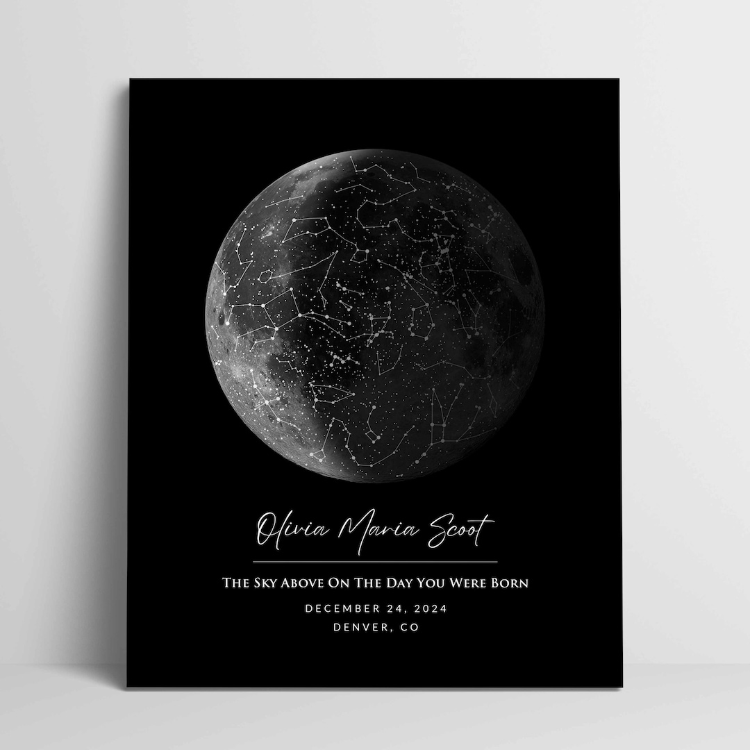 Moon Phase + Star Map Print, Custom Lunar Phase and Sky Wall Art for ...