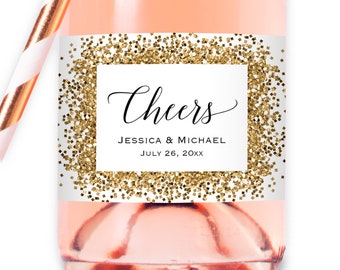 Printed Custom Gold Glitter (Not real foil) Mini Champagne Bottle Labels, Personalized Waterproof Mini Wine Sticker for Wedding Shower Party