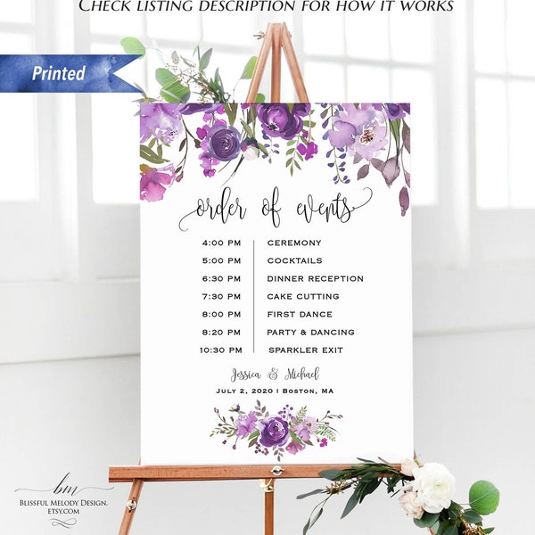 Printed Purple Lavender Floral Wedding Order of Events Sign, Personalized Ceremony Timeline Board, Large Custom Poster, PDF or Printed #07