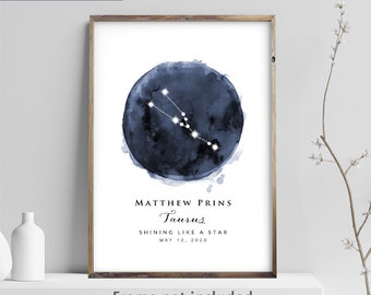 Custom Zodiac Print, Navy Watercolor Constellation, Birthday Present Newborn Birth Gift for Baby Boy Girl, Wall Art Nursery Canvas Print