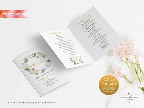 printable ivory cream floral gold wedding program booklet editable