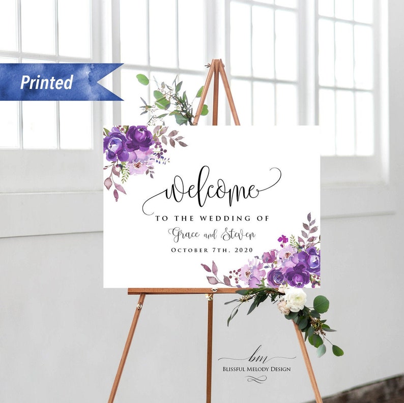 Printed Purple Lavender Floral Wedding Welcome Sign, Personalized Horizontal Ceremony Welcome Board, PDF or Printed, Poster or Foam Board07 image 1