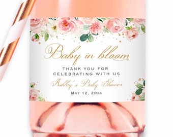 Baby in Bloom - Custom Pink Gold Floral Mini Champagne Bottle Labels for Baby Shower Baby Announcement, Printed Waterproof Sticker