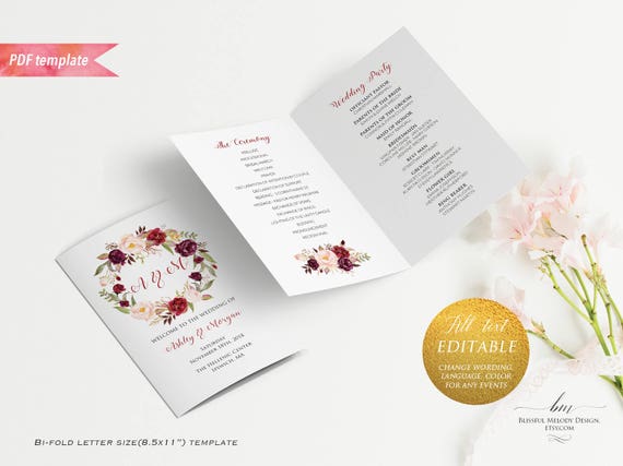 printable burgundy floral wedding program booklet editable bi fold wedding program size